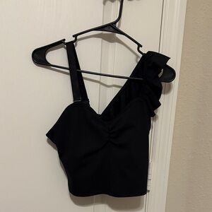 Fabletics Black One-Shoulder Ruffle Crop Cami